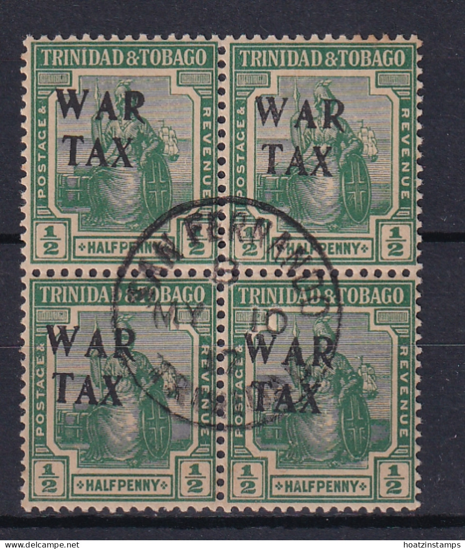 Trinidad & Tobago: 1917   Britannia 'War Tax' OVPT    SG177    ½d     Used Block Of 4 - Trinidad & Tobago (...-1961)