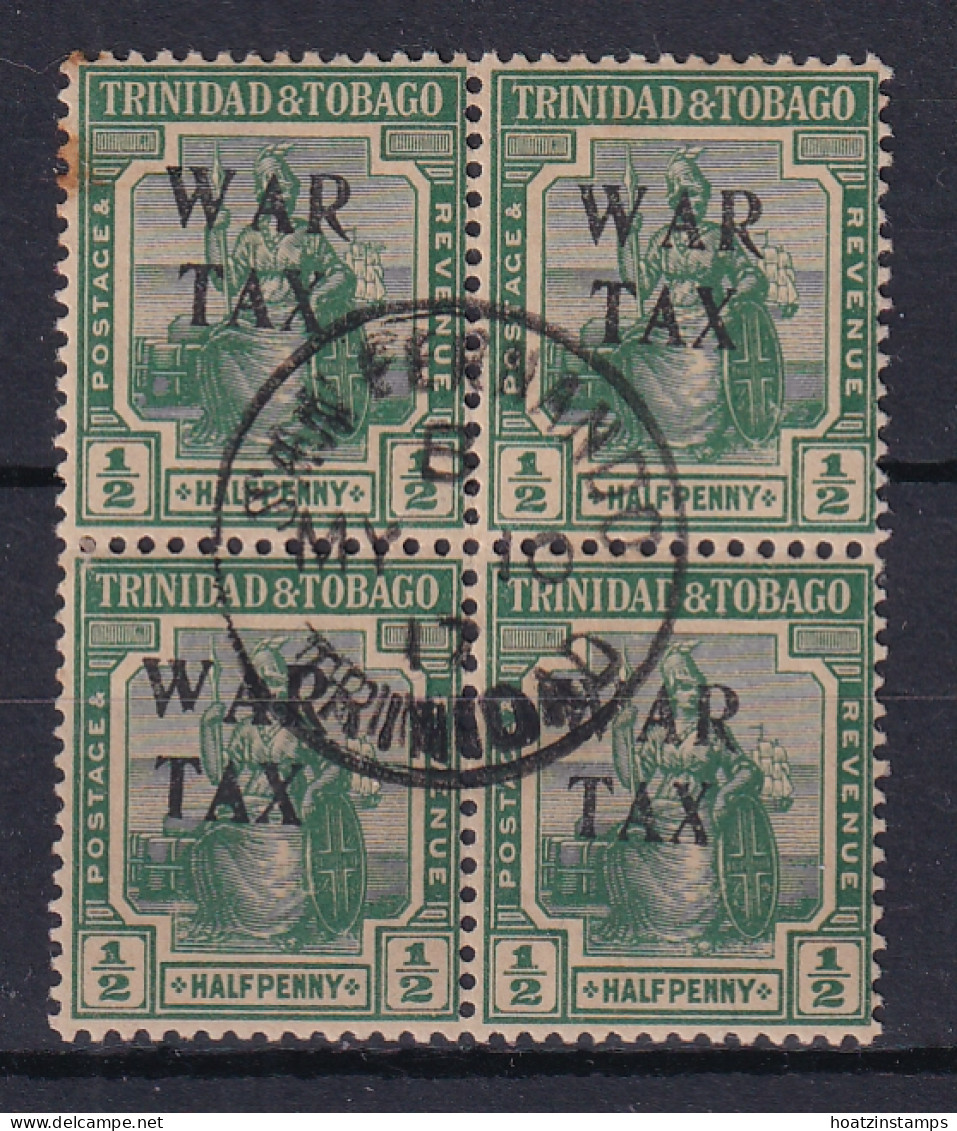 Trinidad & Tobago: 1917   Britannia 'War Tax' OVPT    SG177    ½d     Used Block Of 4 - Trinidad & Tobago (...-1961)
