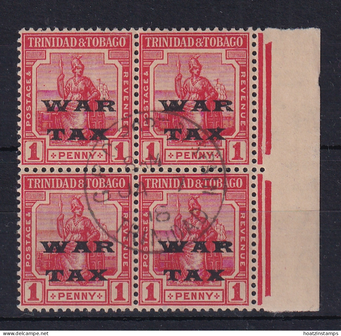 Trinidad & Tobago: 1918   Britannia 'War Tax' OVPT    SG186    1d       Used Block Of 4 - Trinidad & Tobago (...-1961)