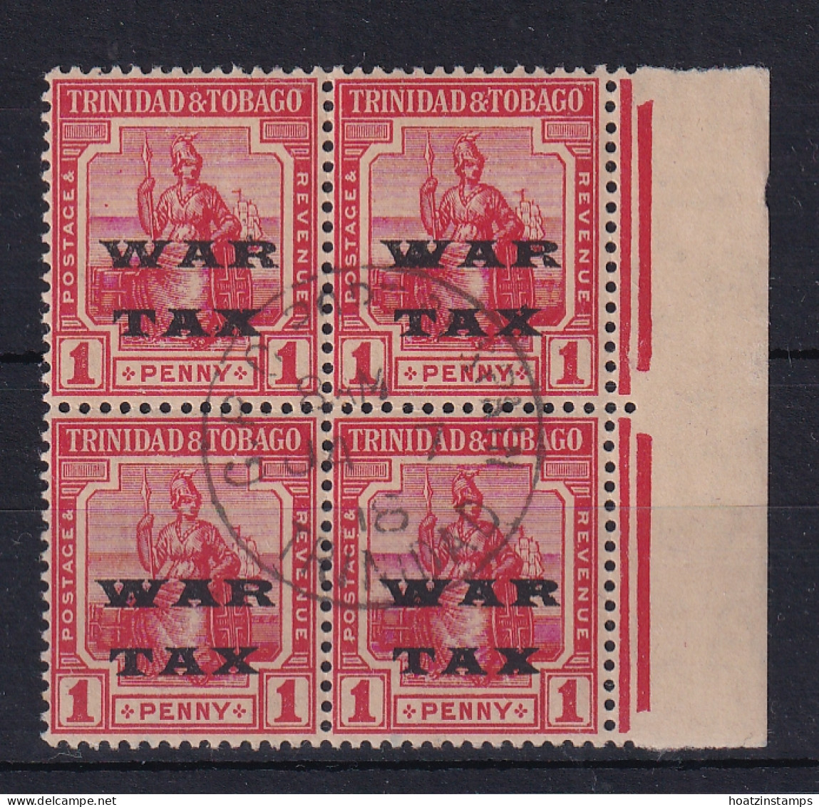 Trinidad & Tobago: 1918   Britannia 'War Tax' OVPT    SG186    1d       Used Block Of 4 - Trinidad Y Tobago