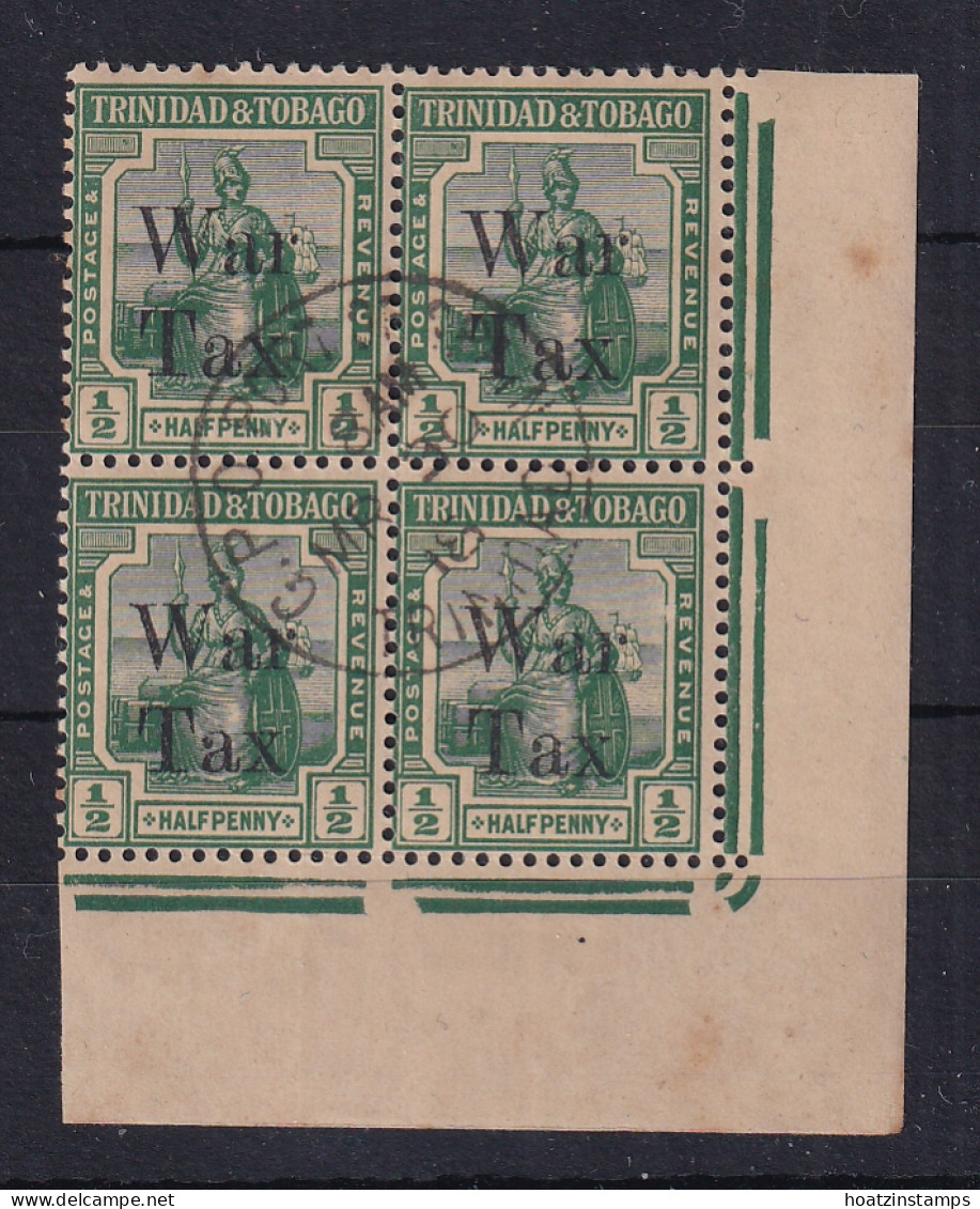 Trinidad & Tobago: 1918   Britannia 'War Tax' OVPT    SG187    ½d       Used Block Of 4 - Trinidad Y Tobago