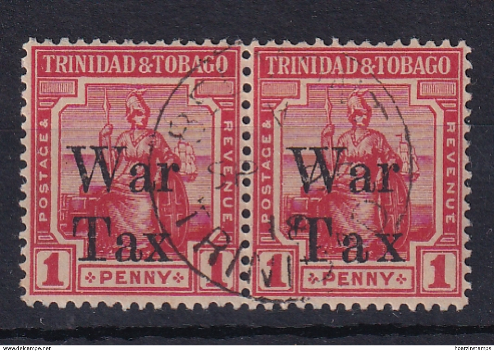 Trinidad & Tobago: 1918   Britannia 'War Tax' OVPT    SG189    1d   ['Tax' Spaced]     Used Pair - Trinidad & Tobago (...-1961)