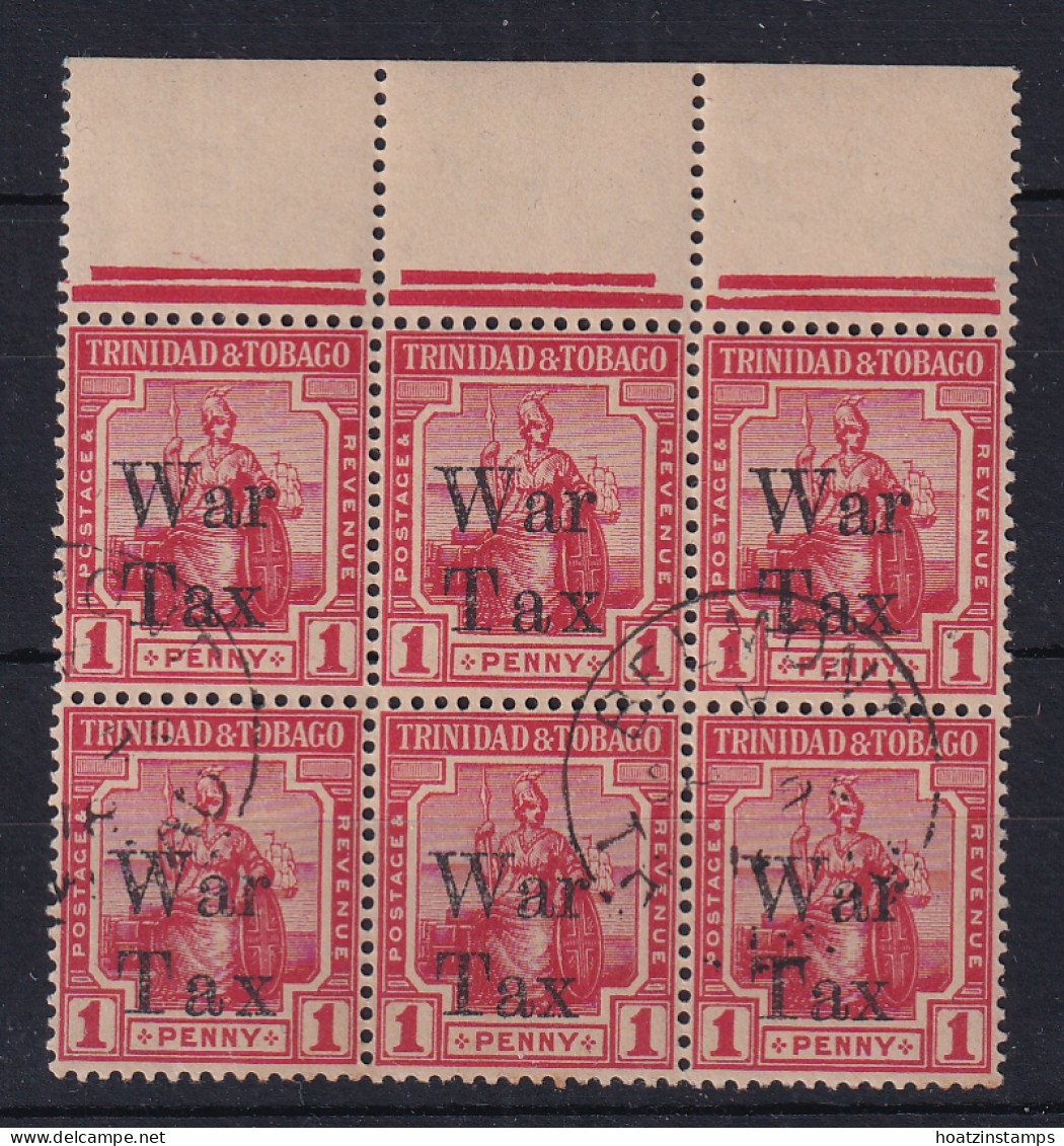 Trinidad & Tobago: 1918   Britannia 'War Tax' OVPT    SG189    1d   ['Tax' Spaced]     Used Block Of 6 - Trinidad & Tobago (...-1961)