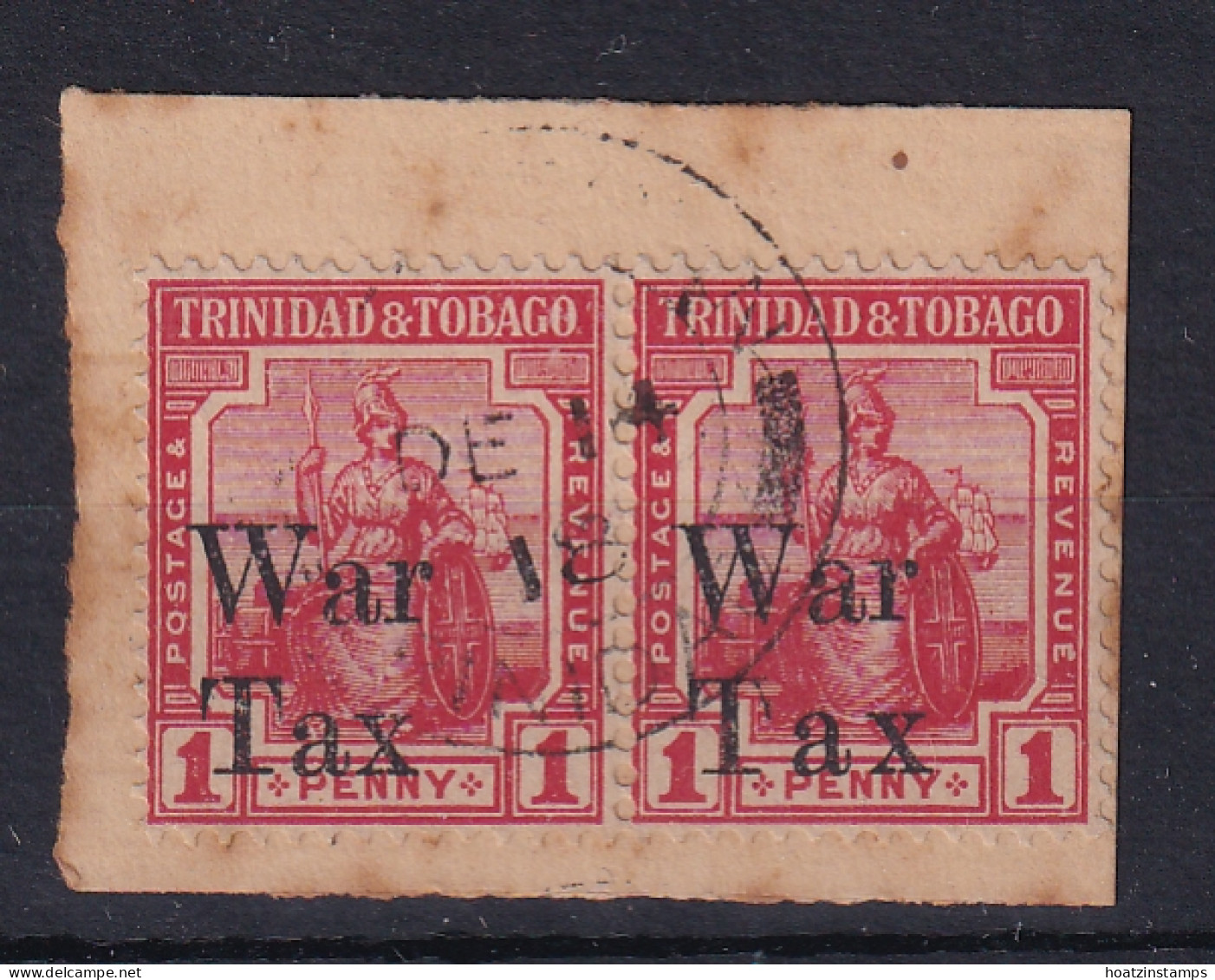 Trinidad & Tobago: 1918   Britannia 'War Tax' OVPT    SG189    1d   ['Tax' Spaced]     Used Pair On Piece - Trinité & Tobago (...-1961)