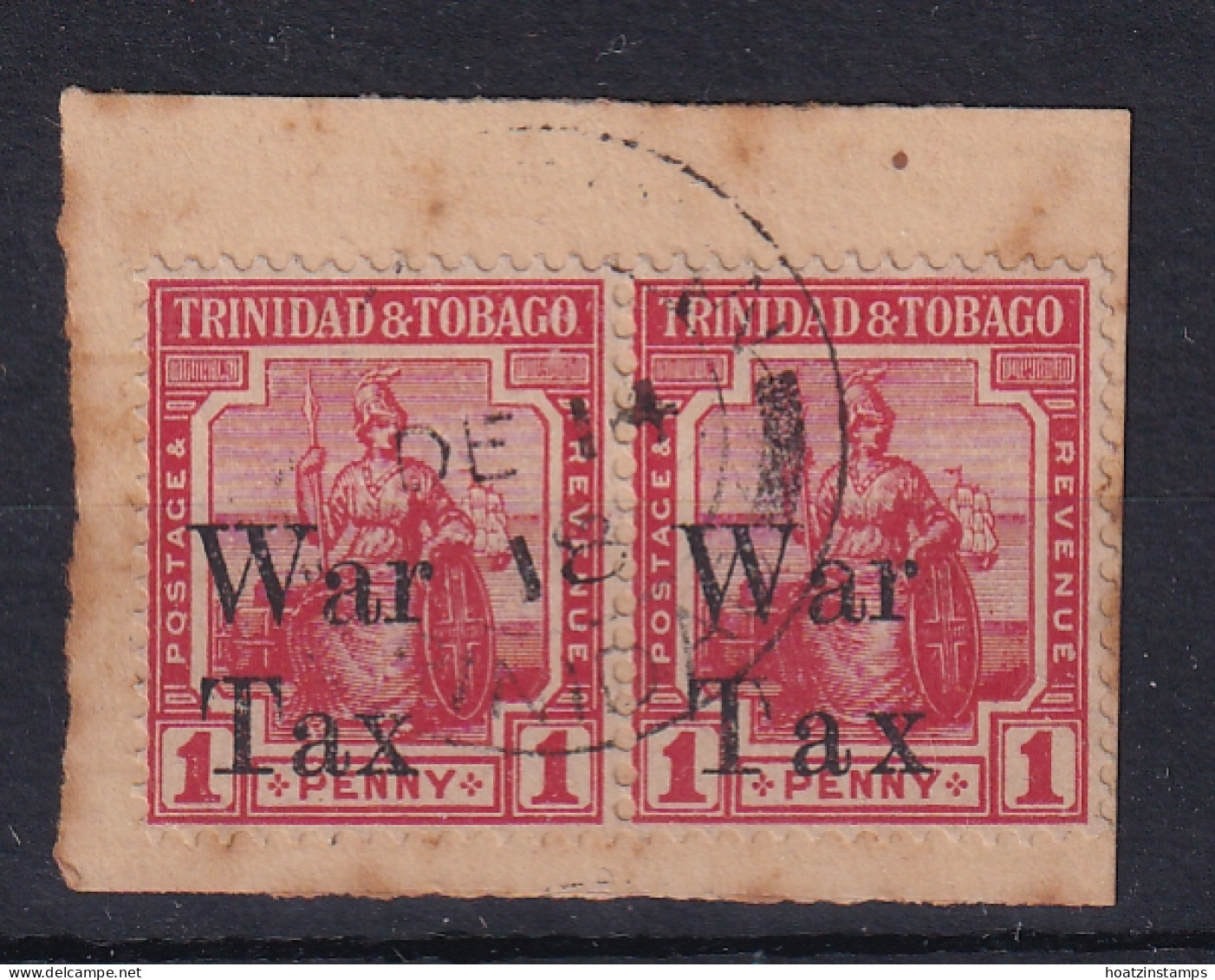 Trinidad & Tobago: 1918   Britannia 'War Tax' OVPT    SG189    1d   ['Tax' Spaced]     Used Pair On Piece - Trinidad Y Tobago