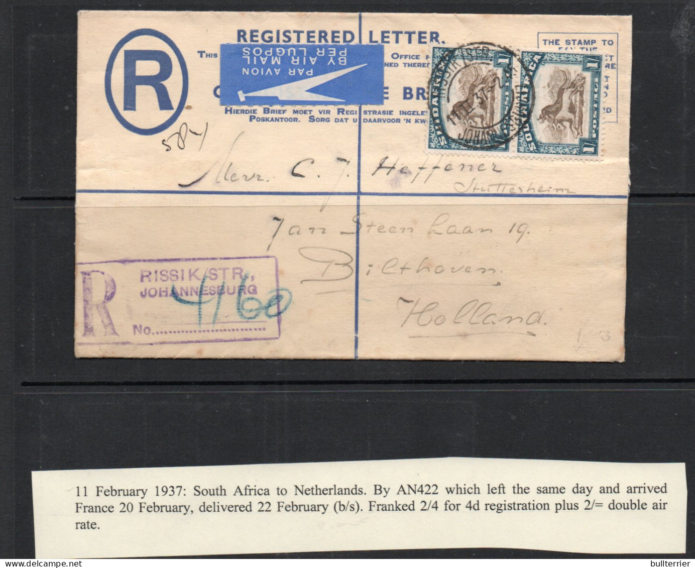 SOUTH AFRICA - 1937 IMPERIAL AIRWAYS  REGISTERED COVER TO BIETHOVEN, HOLLAND  WITH BACKSTAMP - Poste Aérienne