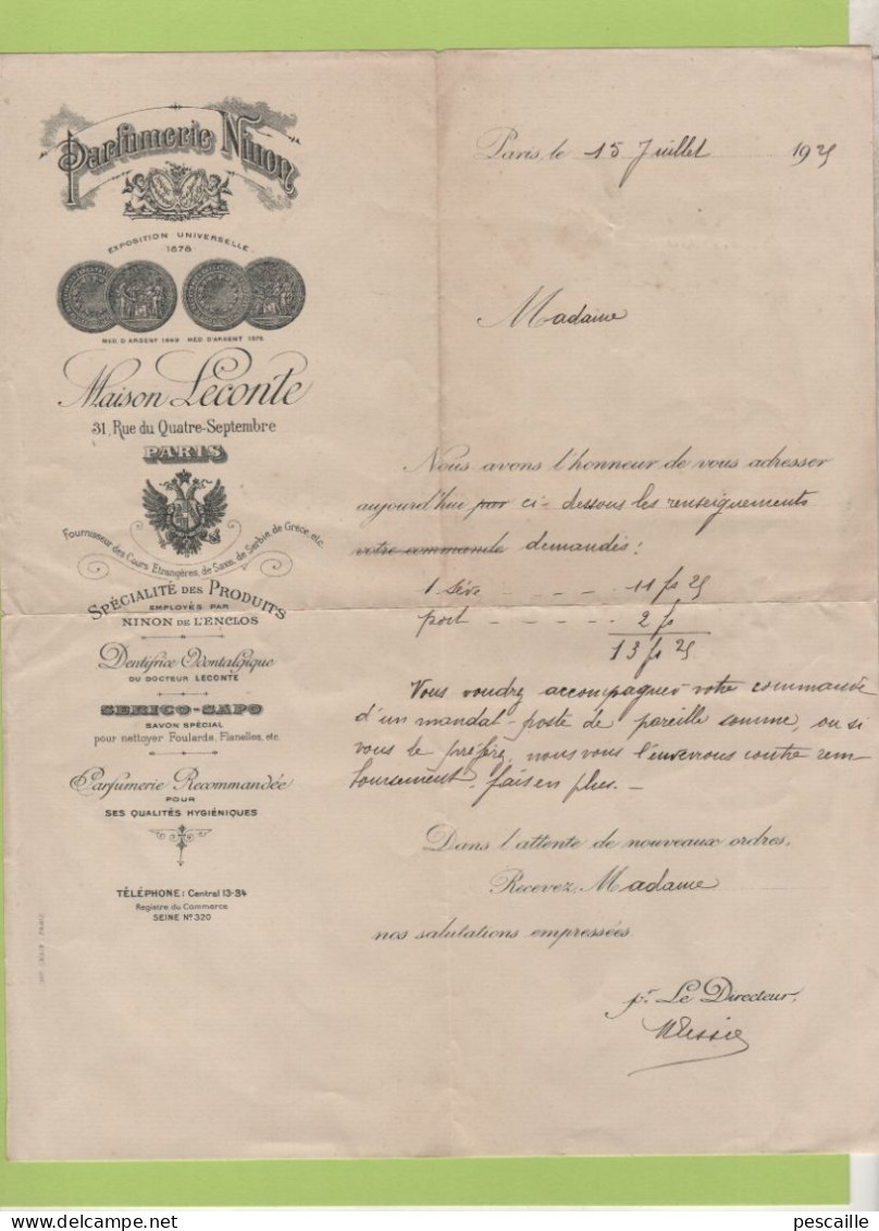 1925 / PARFUMERIE NINON RUE DU QUATRE SEPTEMBRE PARIS - Drogisterij & Parfum