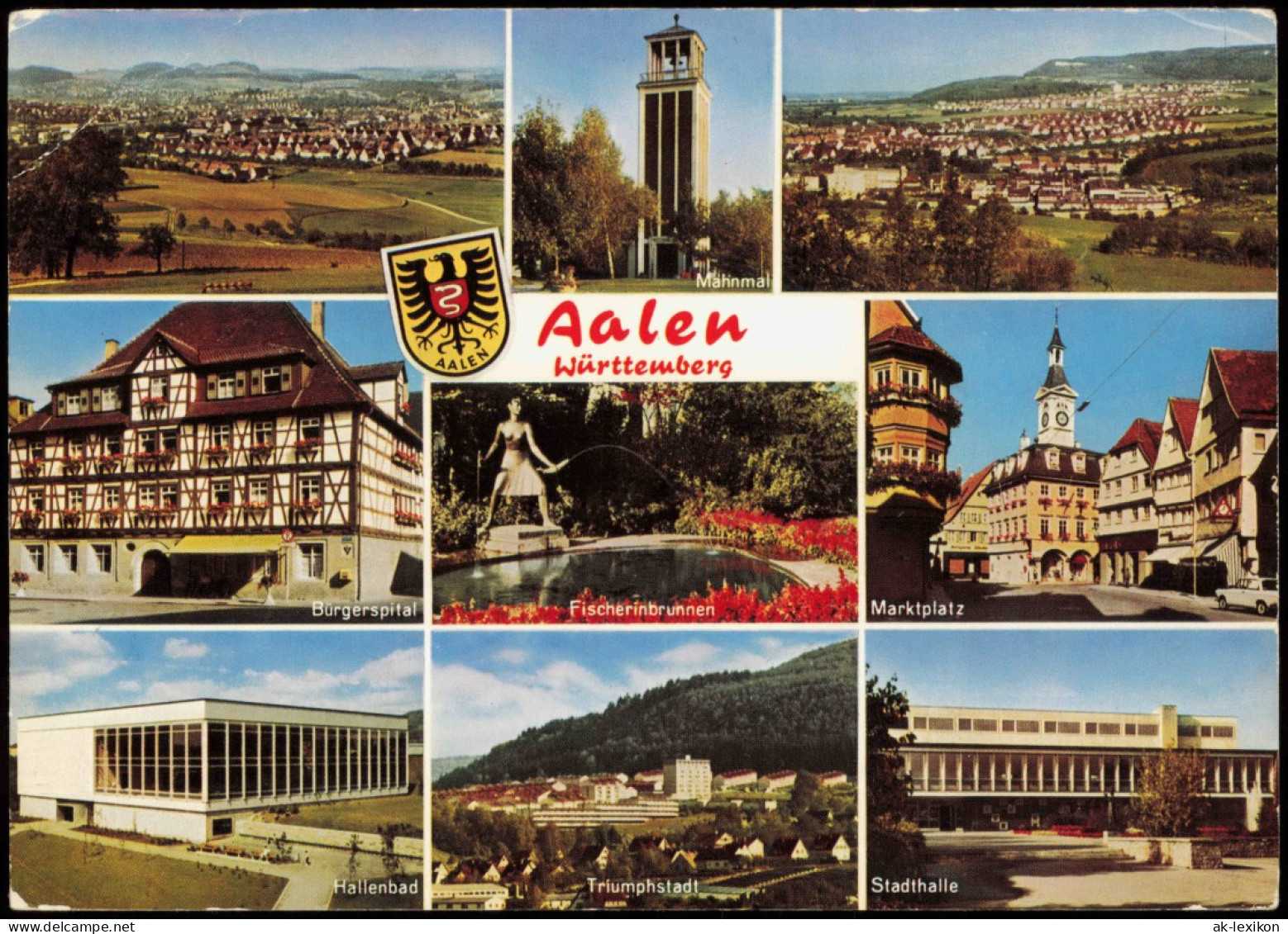 Aalen Mehrbild-AK  Fischerinbrunnen Marktplatz Hallenbad Burgerspital 1970 - Aalen