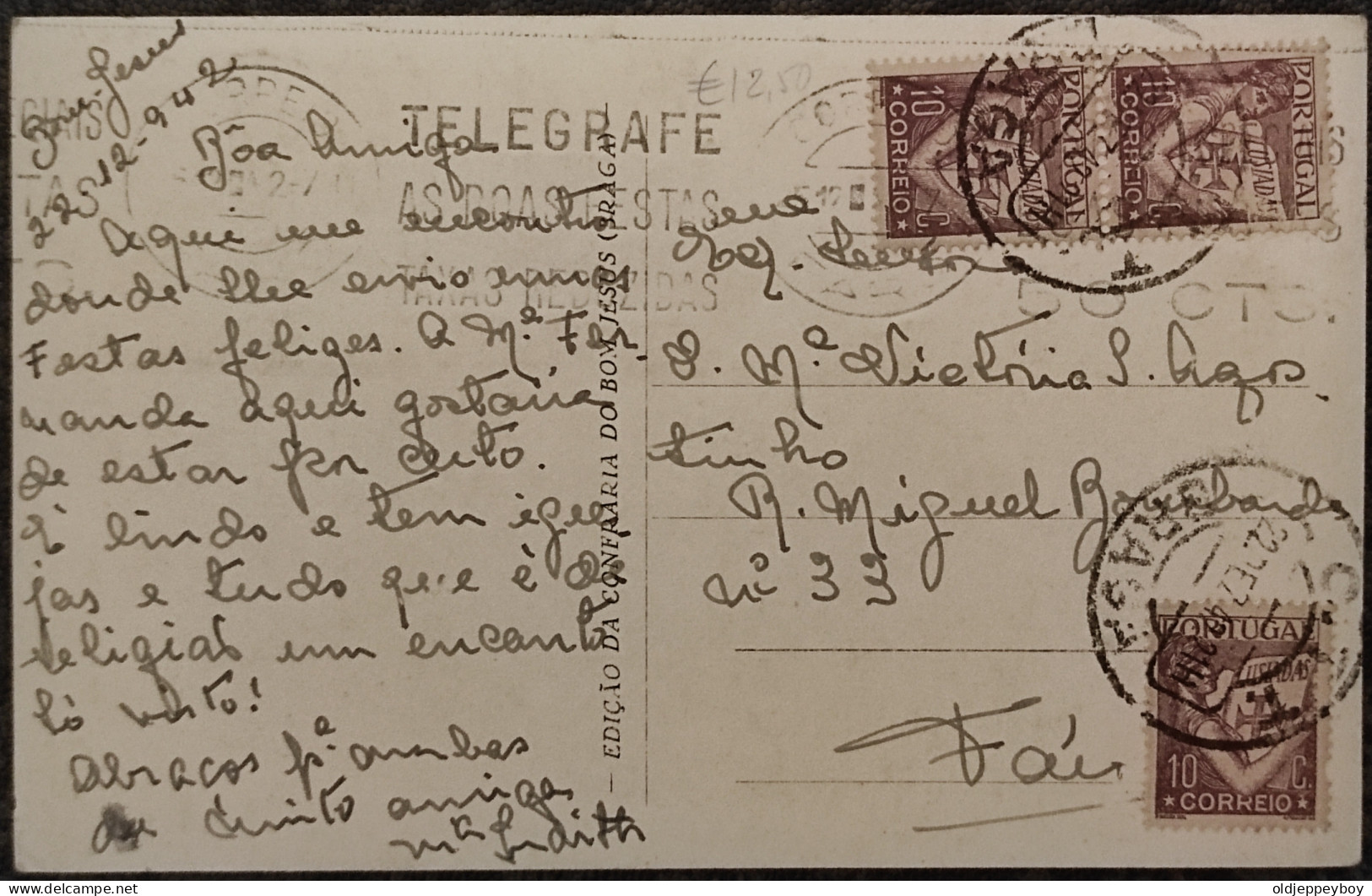 1942 Portugal - BRAGA To FARO  VISTA GERAL DO SANCTUÁRIO DO BOM JESUS DO MONTE 3 X 10c LUSIADAS CARIMBO TELEGRAFE - Lettres & Documents
