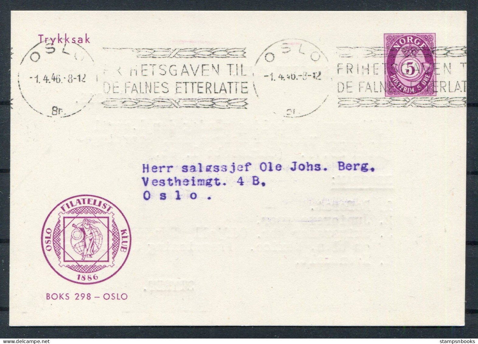 1946 Norway Oslo Philatelic Club Postcard "Frihertsgaven Til De Falnes Etterlatte" Machine Slogan - Storia Postale