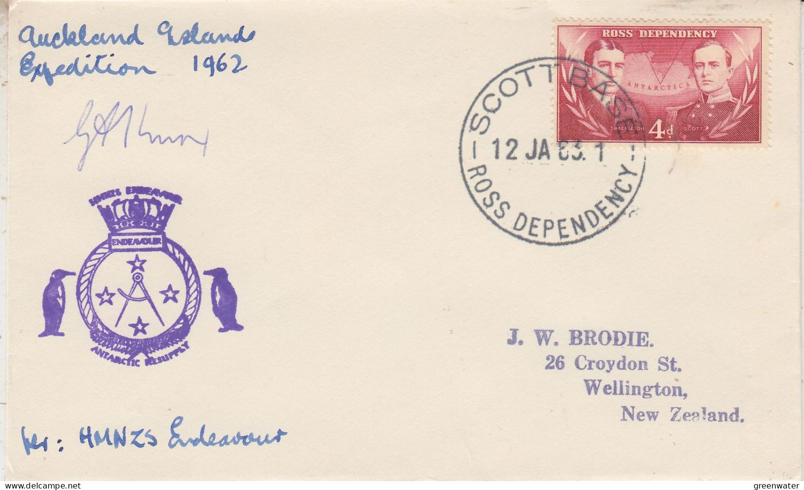 Ross Dependency Auckland Islands Expedition 1962 HMNZS Endeavour Signature  Ca Scott Base 12 JA 1963 (SR181) - Antarctische Expedities