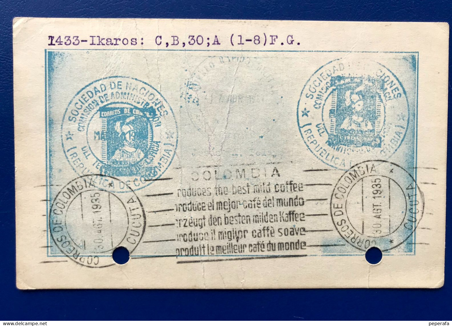 REPÚBLICA DE COLOMBIA1935, TARJETA ENTERO POSTAL, SOCIEDAD DE NACIONES - Kolumbien