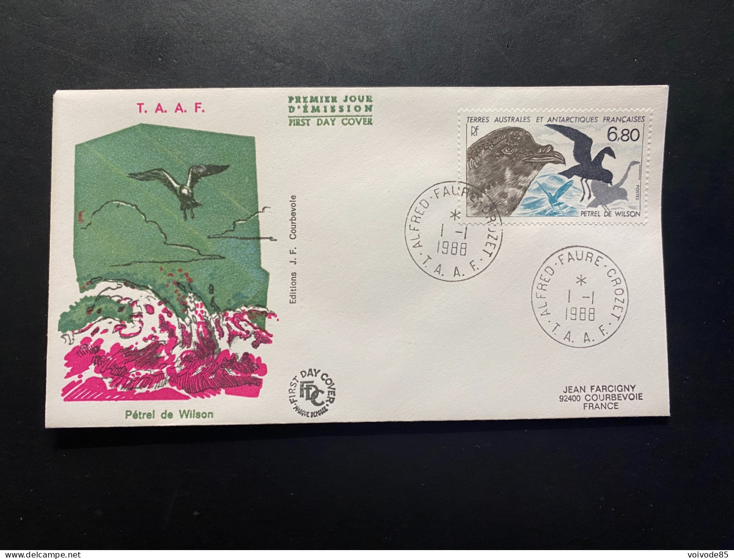 Enveloppe 1er Jour "Les Oiseaux - Pétrel De Wilson" - 01/01/1988 - 132 - TAAF - Crozet - FDC