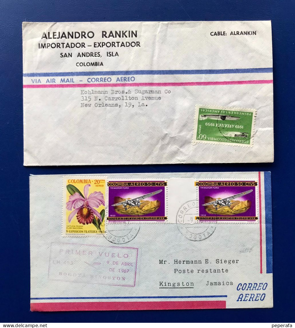 REPÚBLICA DE COLOMBIA 1967, 2 SOBRES CIRCULADOS, PRIMER VUELO BOGOTÁ KINGSTON - Kolumbien