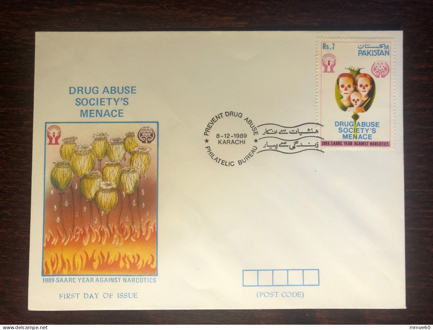 PAKISTAN FDC COVER 1989 YEAR NARCOTICS DRUGS  HEALTH MEDICINE STAMPS - Pakistan