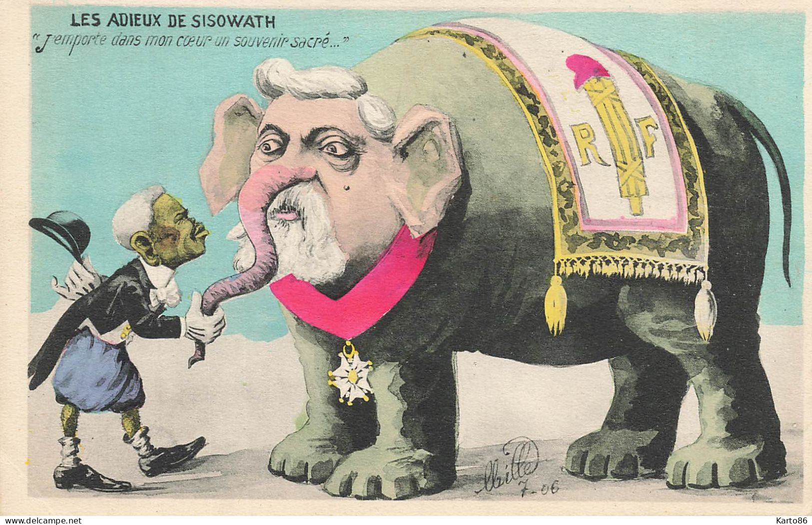 Politique Satirique * CPA Illustrateur 1906 * éléphant Humanisé Pdt République , Adieux De Sisowath Roi Cambodge King - Satiriques