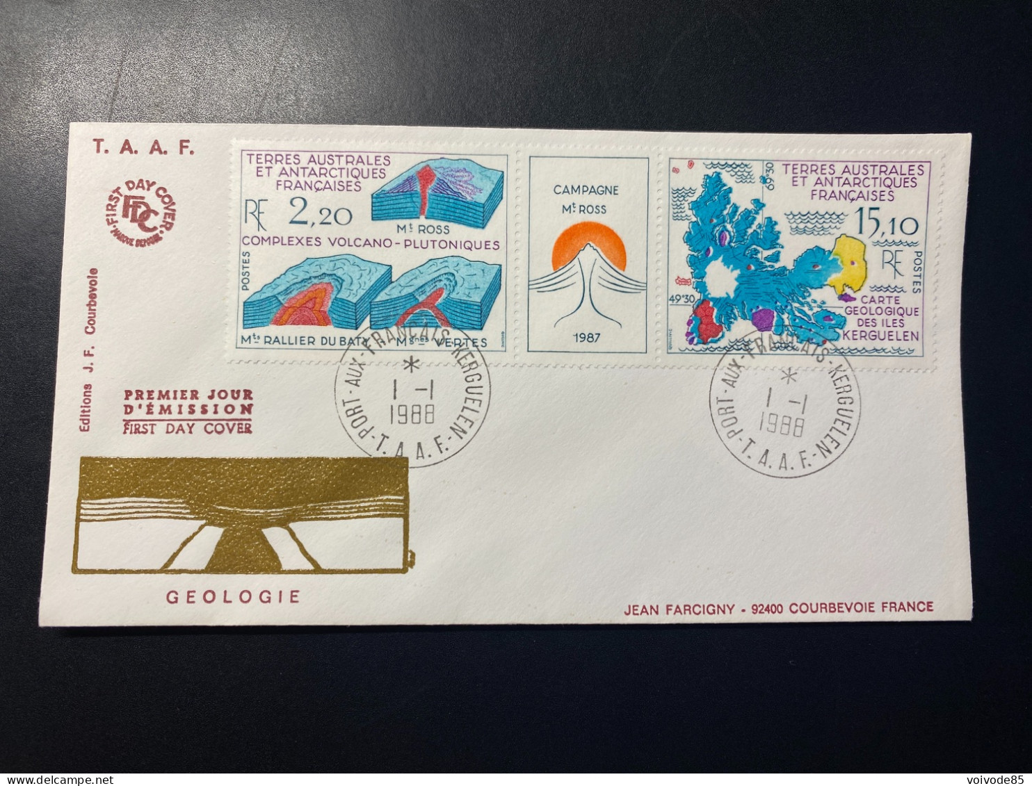 Enveloppe 1er Jour "Géologie En Antarctique" - 01/01/1988 - 139A - TAAF - Iles Kerguelen - FDC