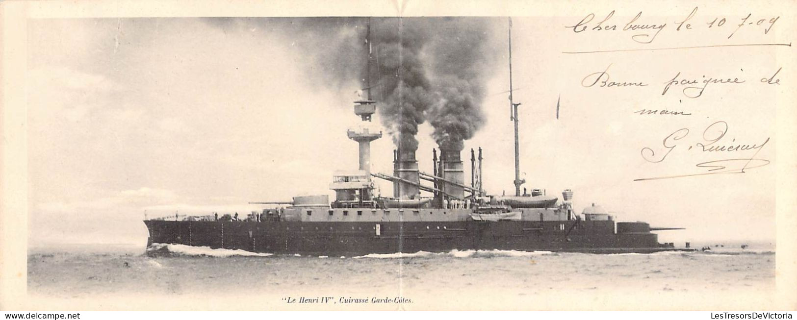 France - Double Carte Postale Ancienne - Le Henri IV - Cuirassé Garde Côtes - Bateau - Envoyé De Cherbourg En 1909 - Warships