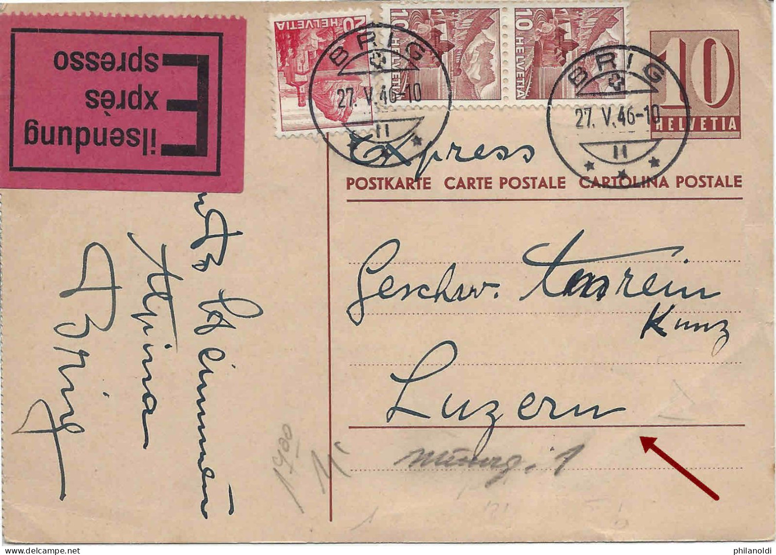 BRIG 1946 Carte Entier Postal Grosse étiquette EXPRES EILSENDUNG ESPRESSO + Timbres Paysages WALLIS, VALAIS - Interi Postali