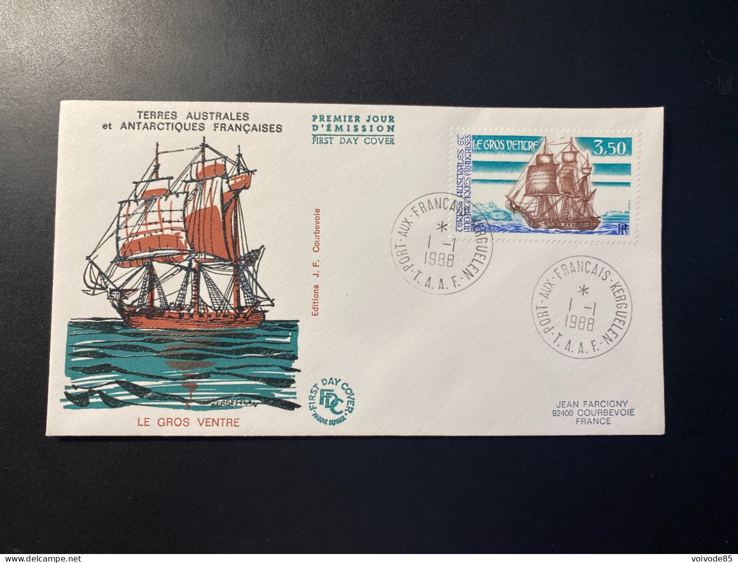 Enveloppe 1er Jour "voilier Le Gros Ventre" - 01/01/1988 - 135 - TAAF - Iles Kerguelen - Bateaux - FDC