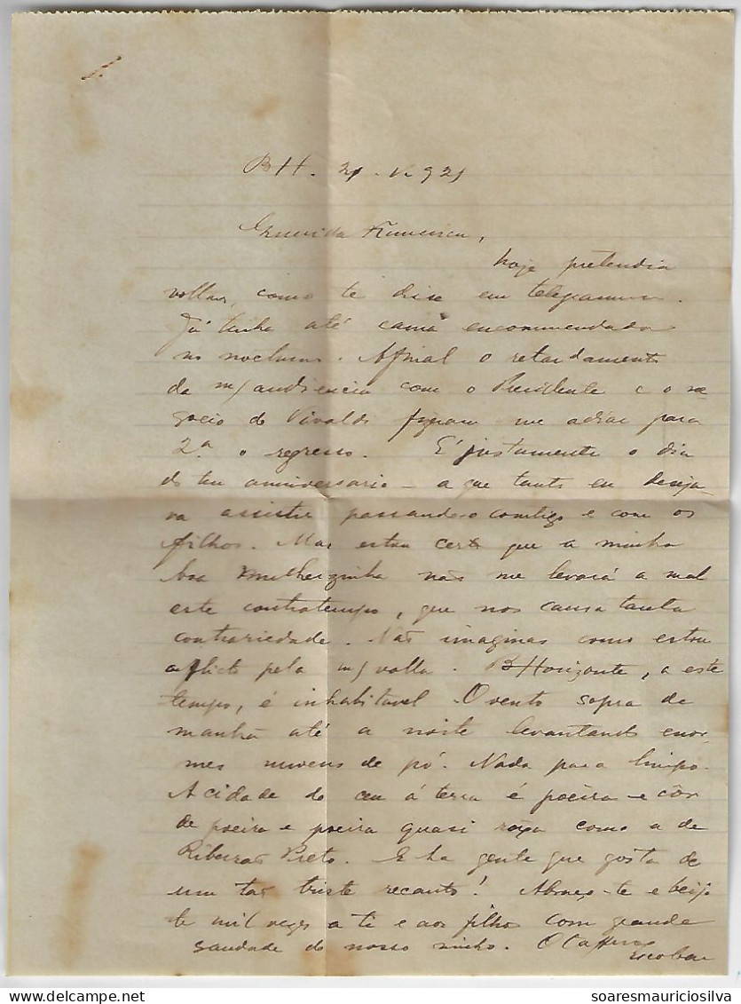 Brazil 1921 Postal Stationery Cover 150 Réis From Belo Horizonte Via Barra Do Piraí To Poços De Caldas Included Letter - Postwaardestukken