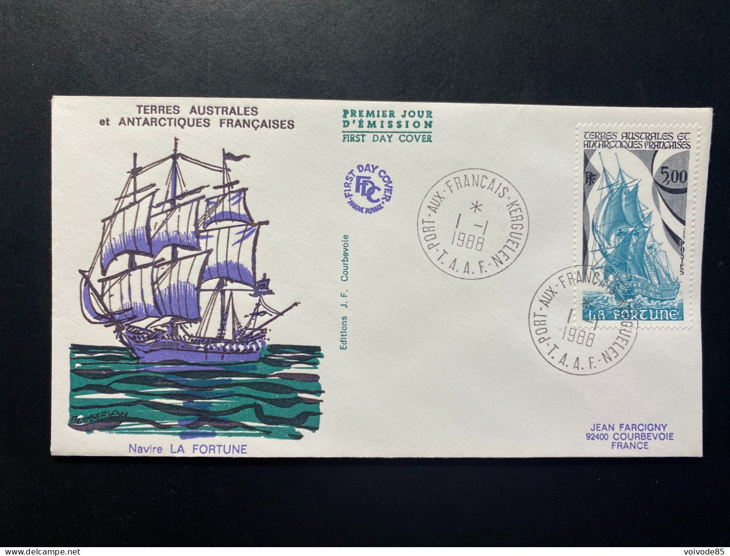 Enveloppe 1er Jour "Voilier La Fortune" - 01/01/1988 - 137 - TAAF - Iles Kerguelen - Bateaux - FDC