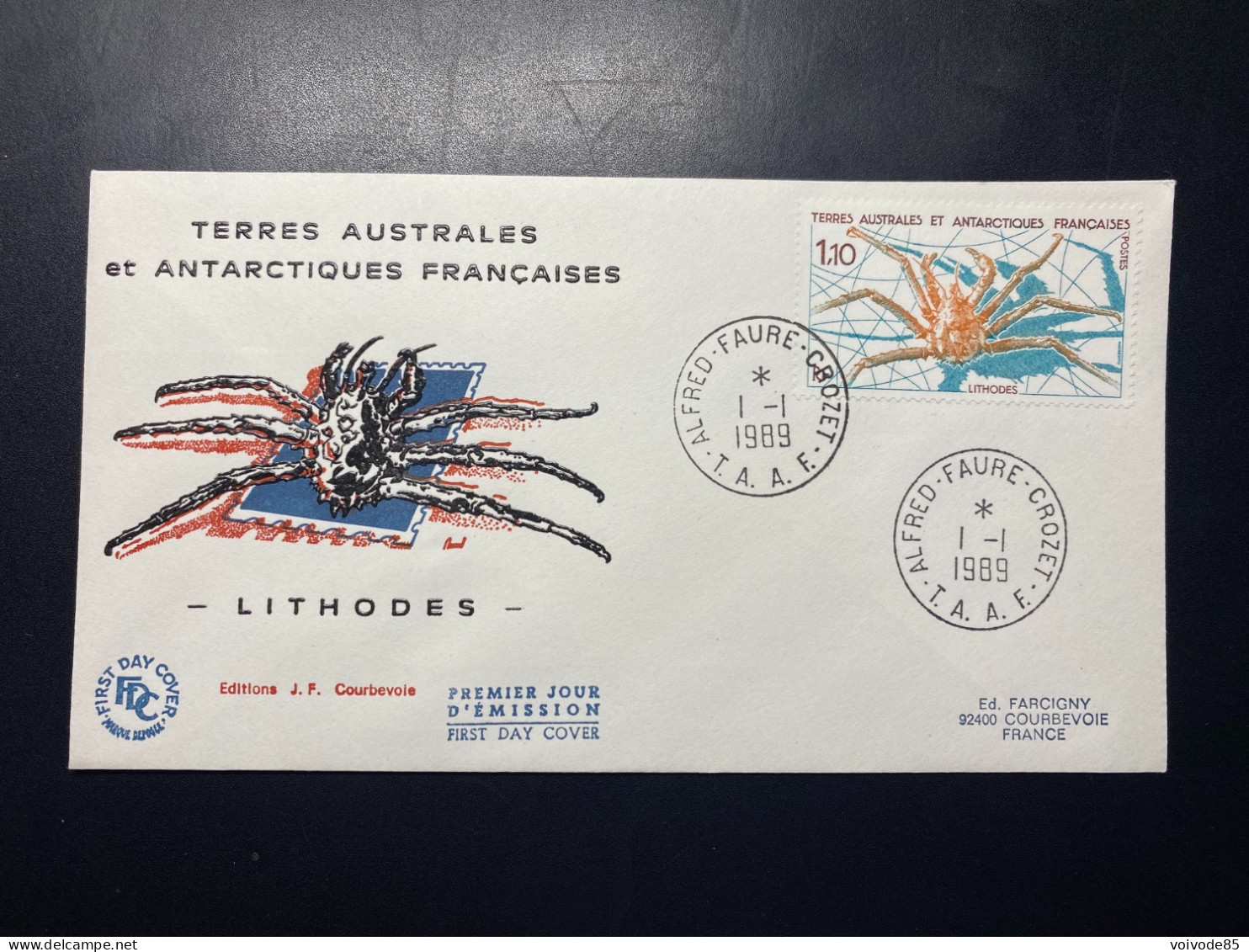 Enveloppe 1er Jour "Faune - Crustacés - Lithodes" - 01/01/1989 - 140 - TAAF - Crozet - Animaux - FDC