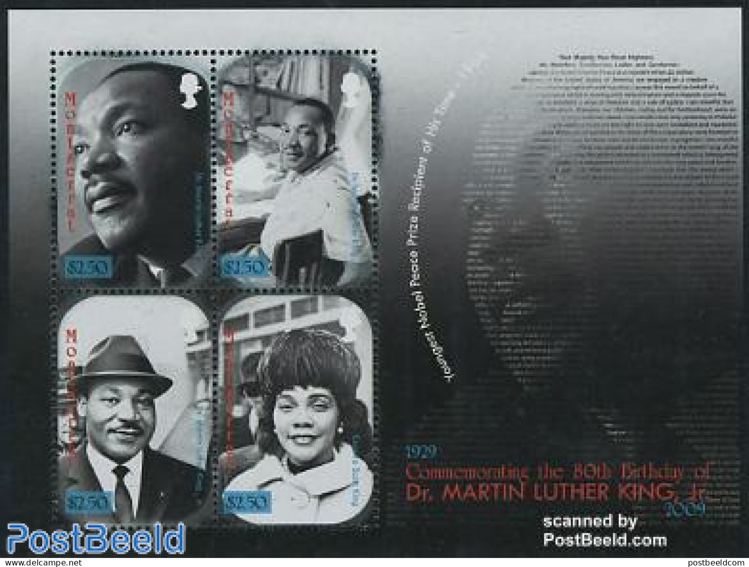 Montserrat 2009 Martin Luther King 4v M/s, Mint NH, History - Religion - Nobel Prize Winners - Religion - Nobel Prize Laureates
