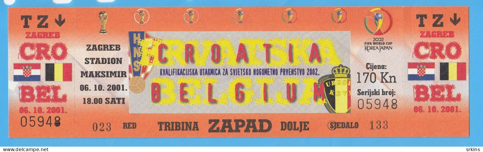 Ticket Croatia Vs Belgium Football Match 2001. - Eintrittskarten