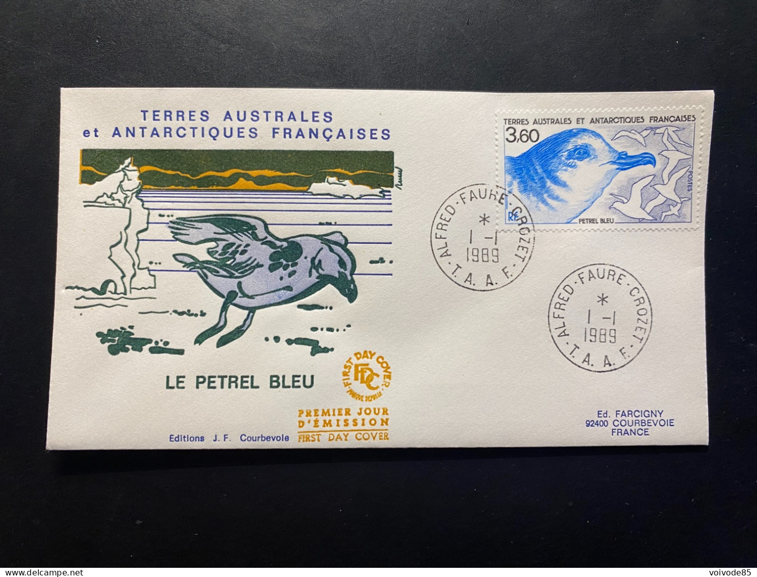 Enveloppe 1er Jour "Faune - Les Oiseaux - Le Pétrel Bleu" - 01/01/1989 - 142 - TAAF - Crozet - Animaux - FDC