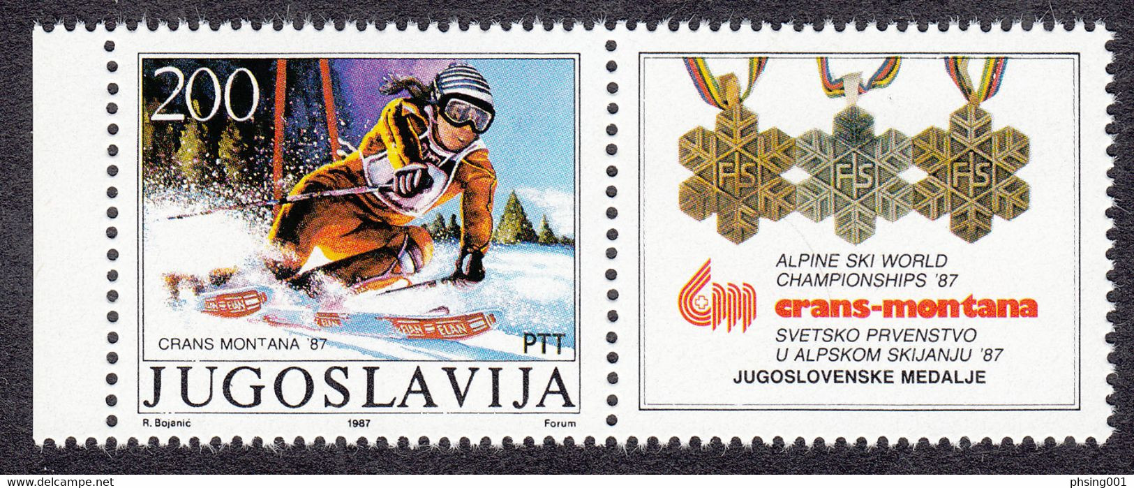 Yugoslavia 1987 Crans Montana Alpine Ski World Championship FIS Skiing Sports Medals ELAN Slovenia, Stamp With Label MNH - Otros & Sin Clasificación