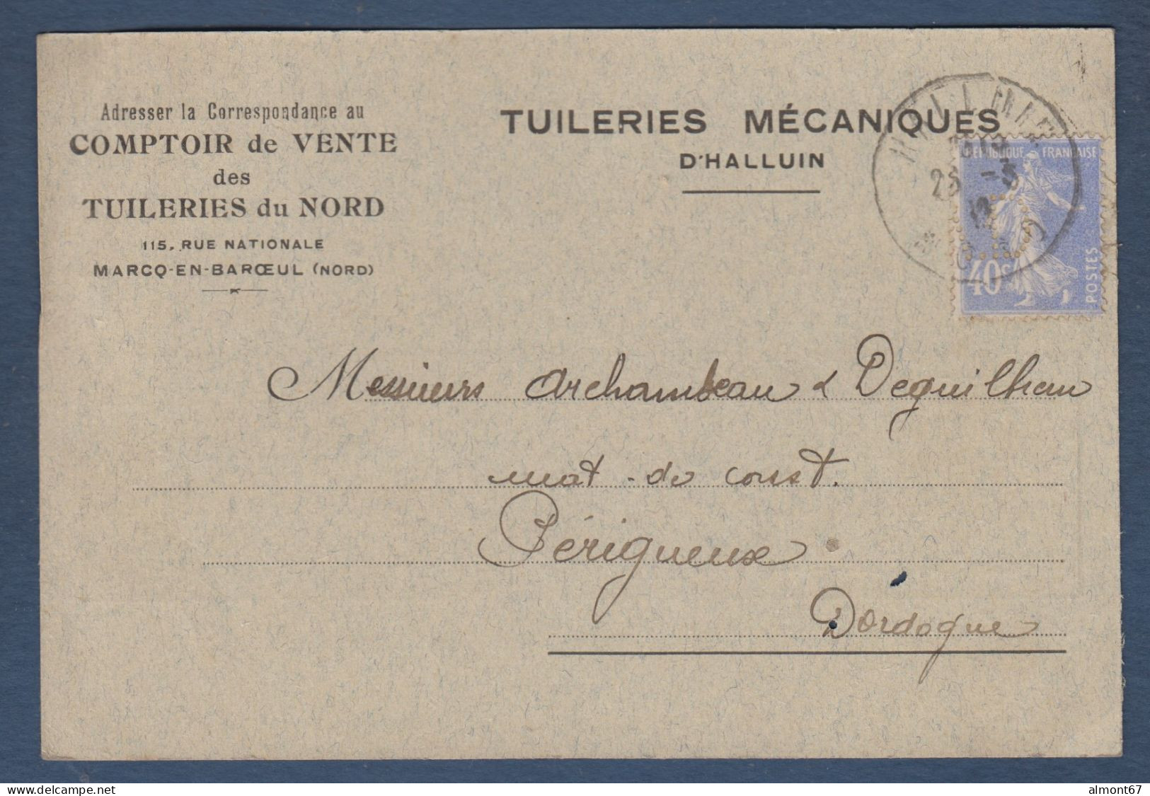 40c Semeuse Perforé  (A) D Sur Carte Tuileries Mécaniques HALLUIN ( Nord ) - Lettres & Documents