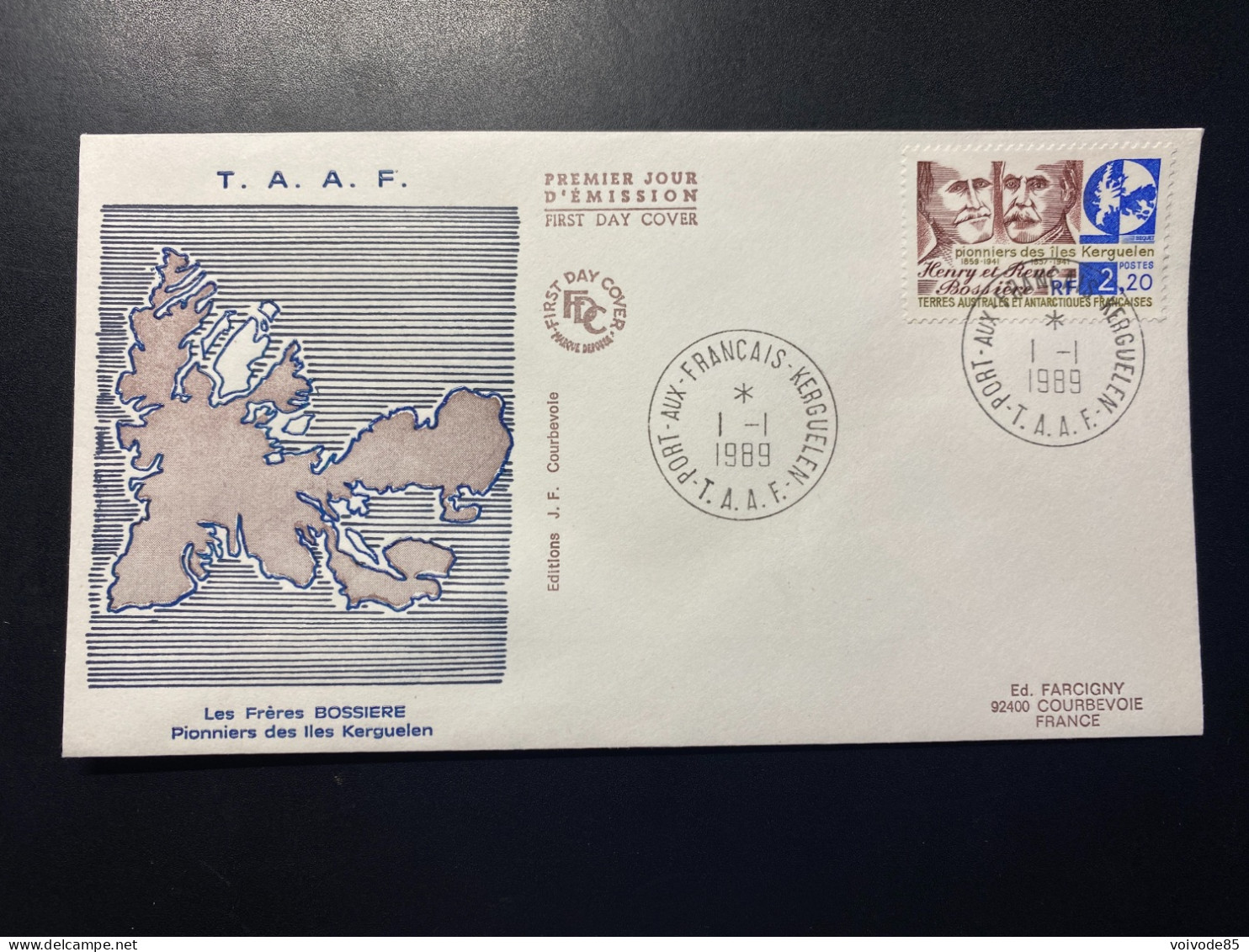 Enveloppe 1er Jour "Henri Et René Bossière - Hommage Aux Pionniers" - 01/01/1989 - 147 - TAAF - Iles Kerguelen - FDC