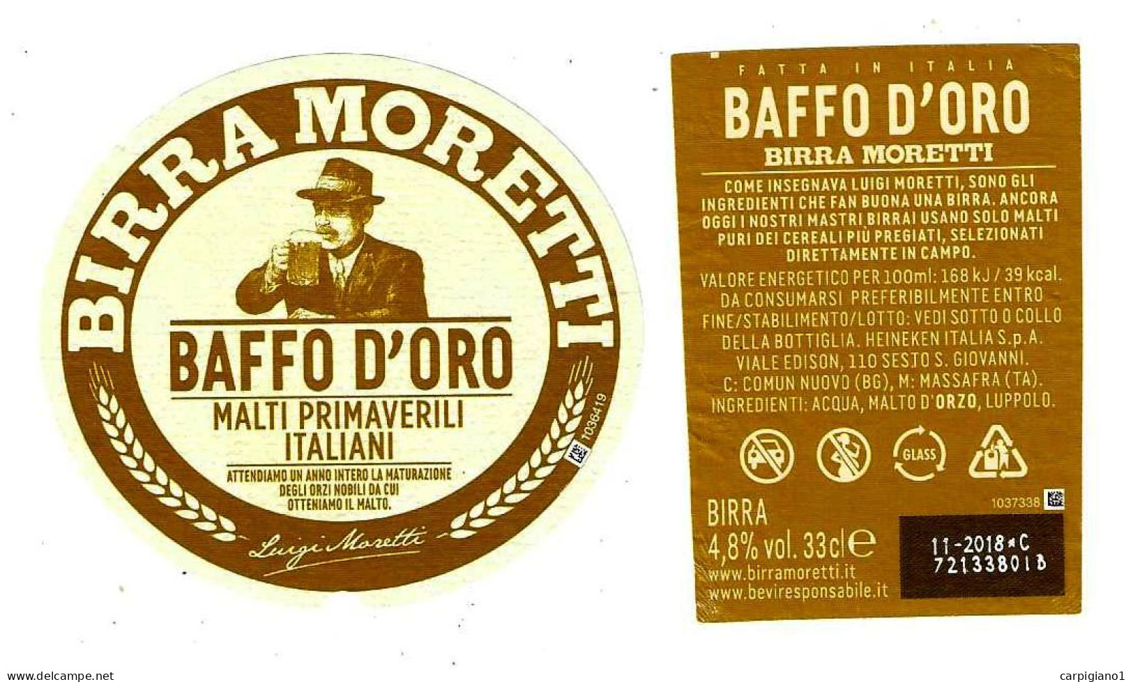 ITALIA ITALY - 2018 Etichetta Birra Beer Bière MORETTI Baffo D'oro Malti Primaverili Italiani - Cerveza