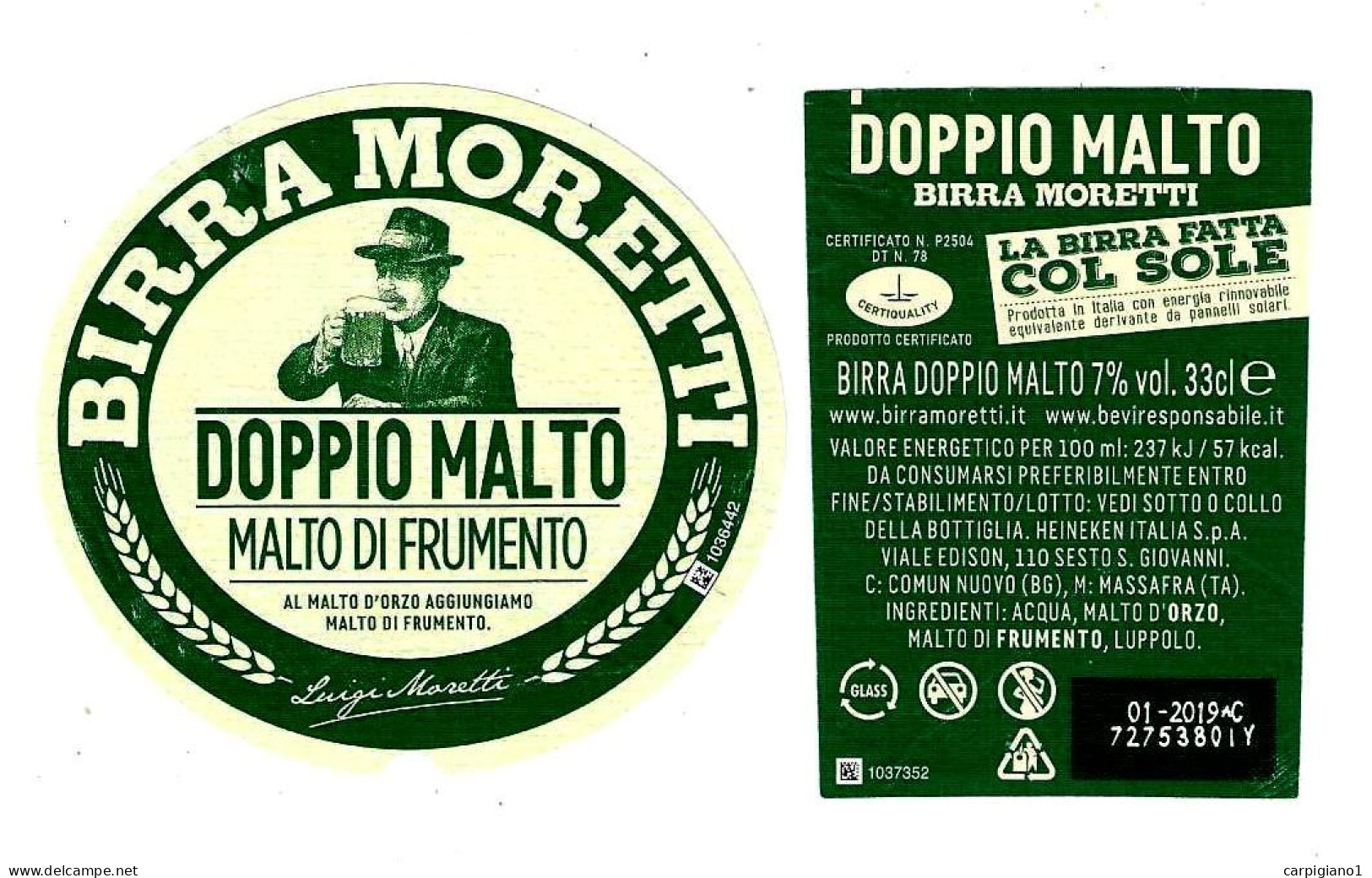 ITALIA ITALY - 2019 Etichetta Birra Beer Bière MORETTI Doppio Malto Di Frumento - Cerveza