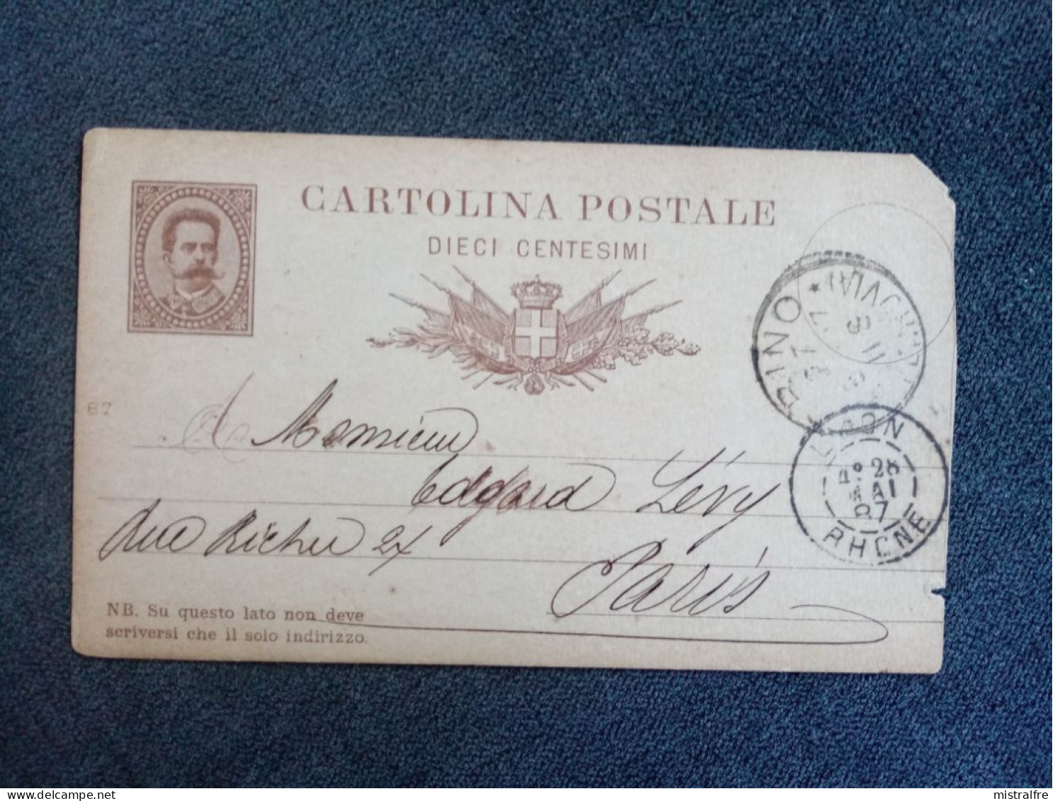 ITALIE. 1887. Carte Postale Umberto I  De  TURIN à PARIS Via LYON ( France ). - Stamped Stationery