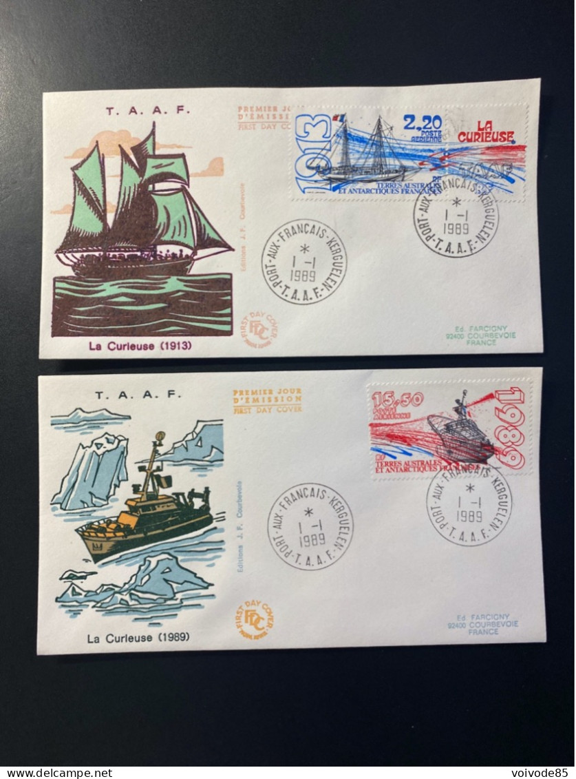 Enveloppes 1er Jour "Navire La Curieuse" - 01/01/1989 - PA105/106 - TAAF - Iles Kerguelen - Bateaux - FDC