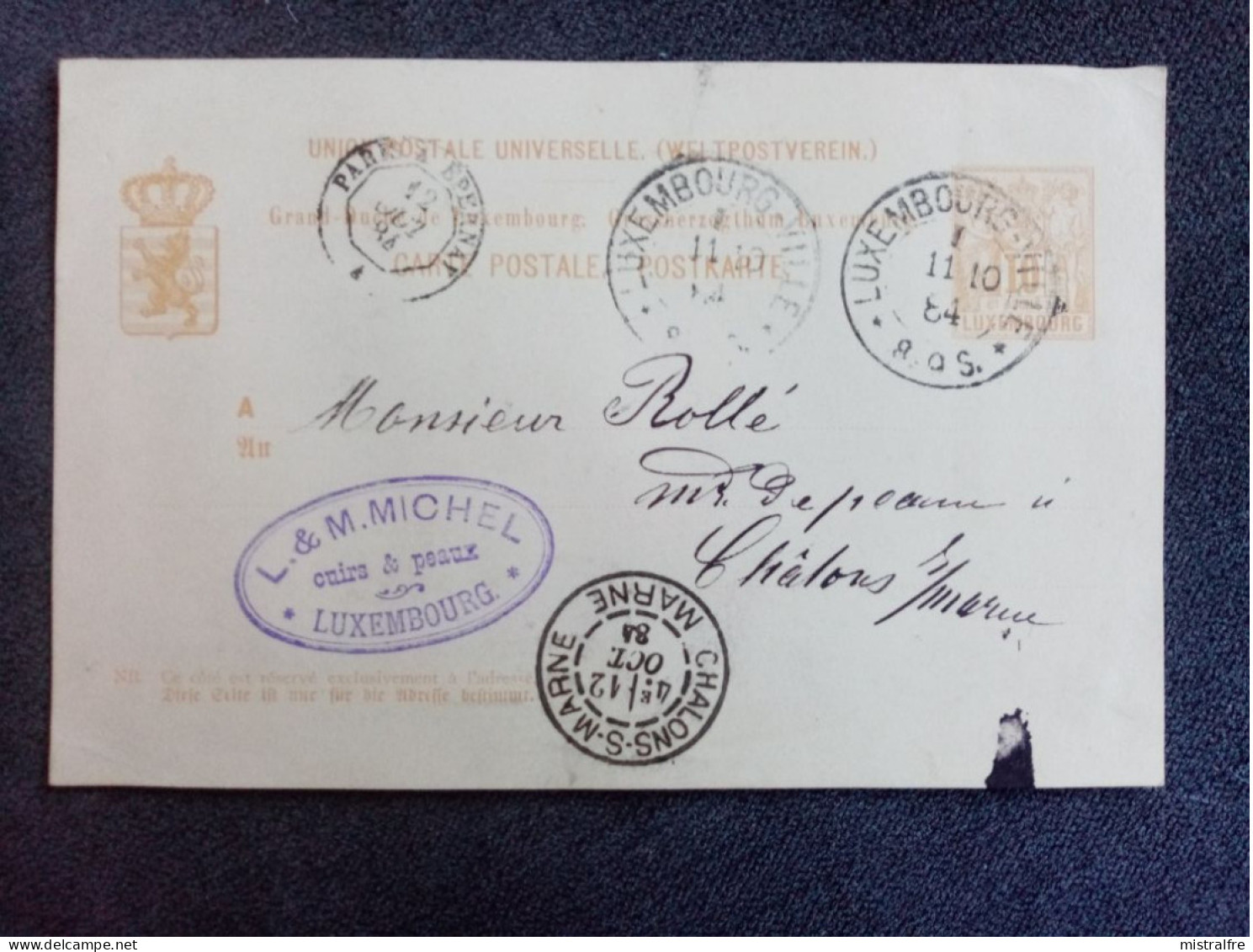 LUXEMBOURG. 1884. Carte Postale De Luxembourg à Chalon Sur Marne Via Paris. Exp L.M MICHEL " Cuirs Et Peaux " - Enteros Postales
