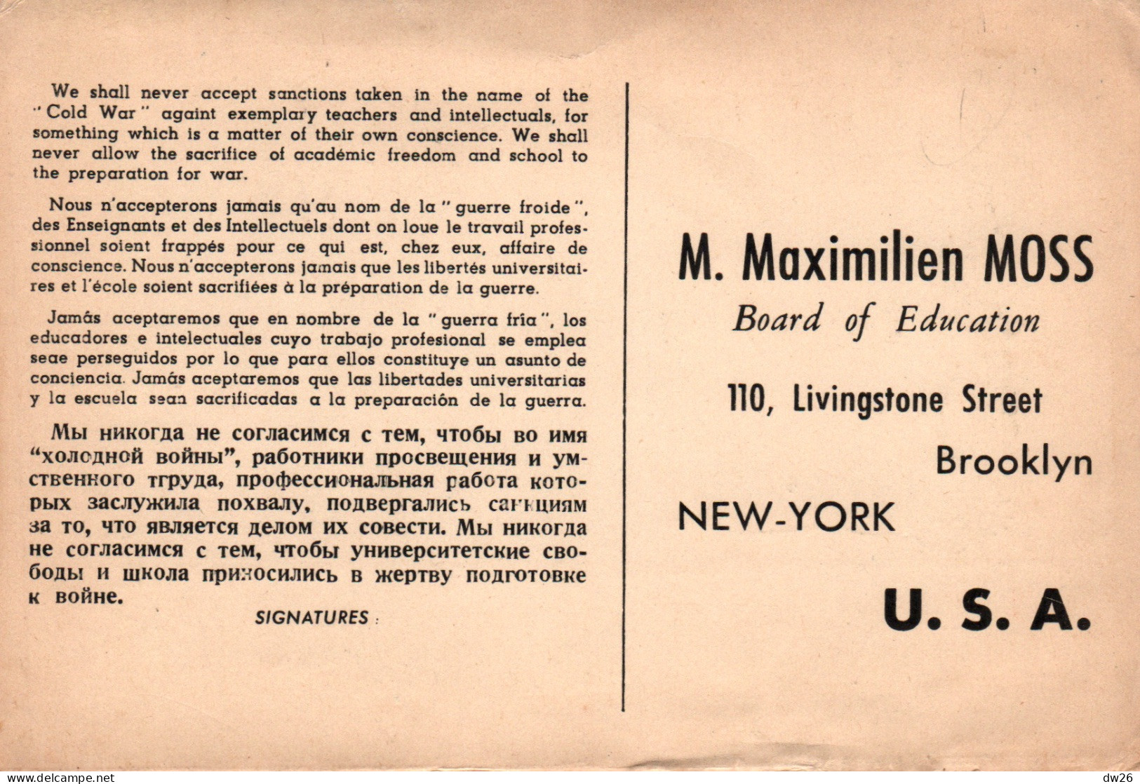 Statue De La Liberté Aux Yeux Bandés, Illustration Signée J.A. - Carte Pétition à Maximilien Moss, New-York 1950 - Ohne Zuordnung