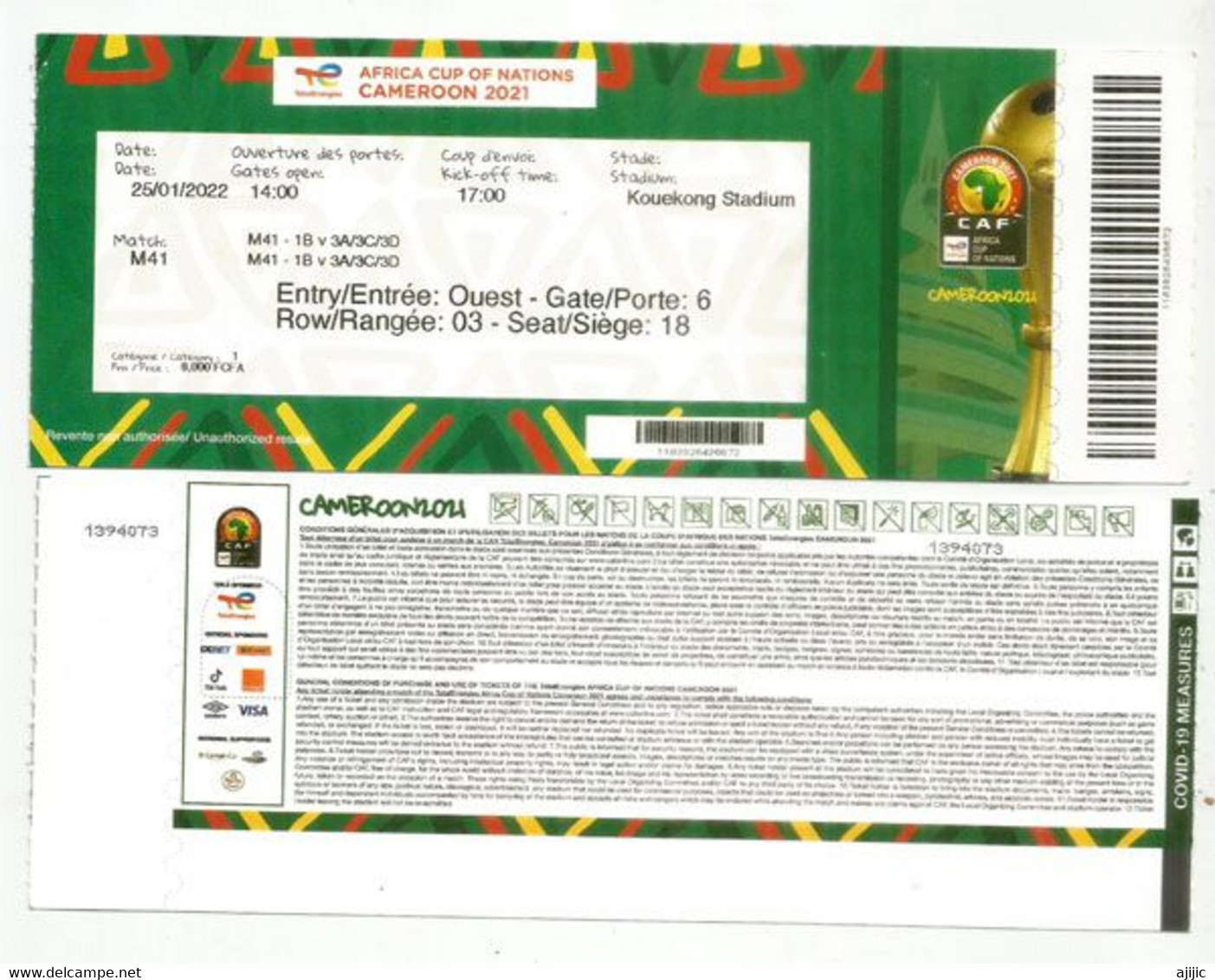 AFRICA CUP OF NATIONS CAMEROON 2021. MATCH SENEGAL-CAP VERDE.KOUEKONG STADIUM 25/01/2021 (ticket) - Trading-Karten