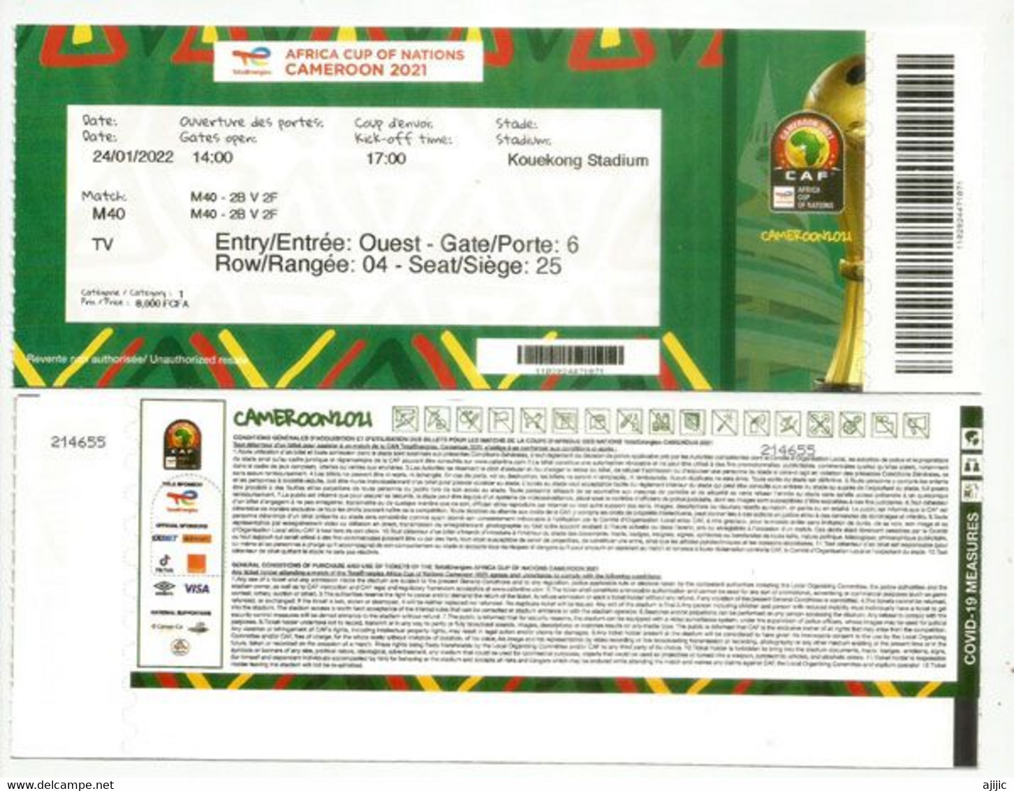 AFRICA CUP OF NATIONS CAMEROON 2021. MATCH GUINEA-GAMBIA.KOUEKONG STADIUM 24/01/2021 (ticket) - Trading-Karten