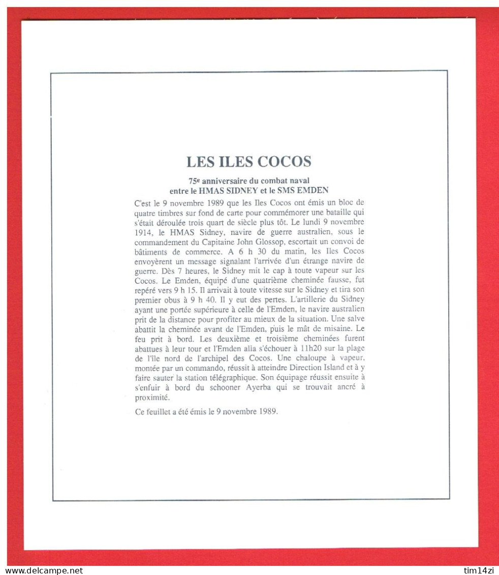 COCOS (KEELING) ISLANDS - 1989 - BLOC N°8 - 75ème Anniversaire Du Combat Naval  Entre Le HMAS SIDNEY Et Le SMS EMDEN - Islas Cocos (Keeling)
