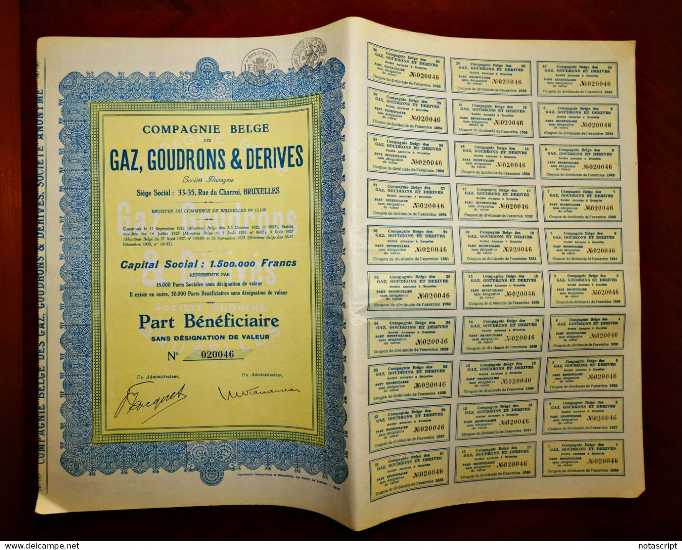 Gaz,Goudrons & Derives,Compagnie Belge,  Brussels Belgium 1935 Share Certificate - Industry