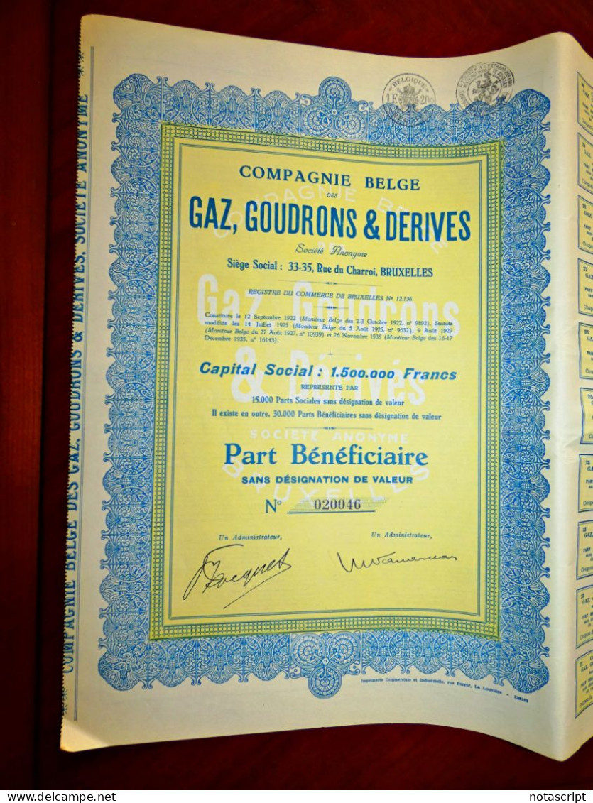Gaz,Goudrons & Derives,Compagnie Belge,  Brussels Belgium 1935 Share Certificate - Industrie