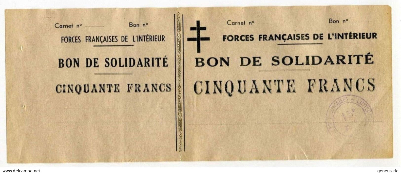 WWII Bon De Solidarité De Cinquante Francs "FFI - Force Française De L'Intérieur" Billet Nécessité Résistance WW2 - Bonds & Basic Needs