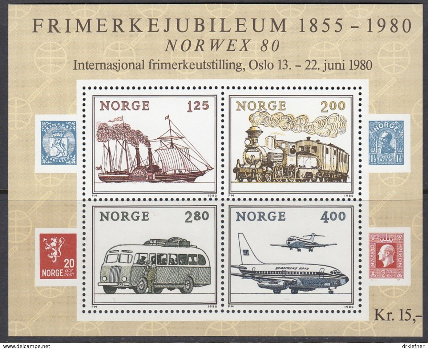 NORWEGEN  Block 3, Postfrisch **,  Briefmarkenausstellung NORWEX ’80, Oslo - 125 Jahre Norwegische Briefmarken 1980 - Blocks & Sheetlets