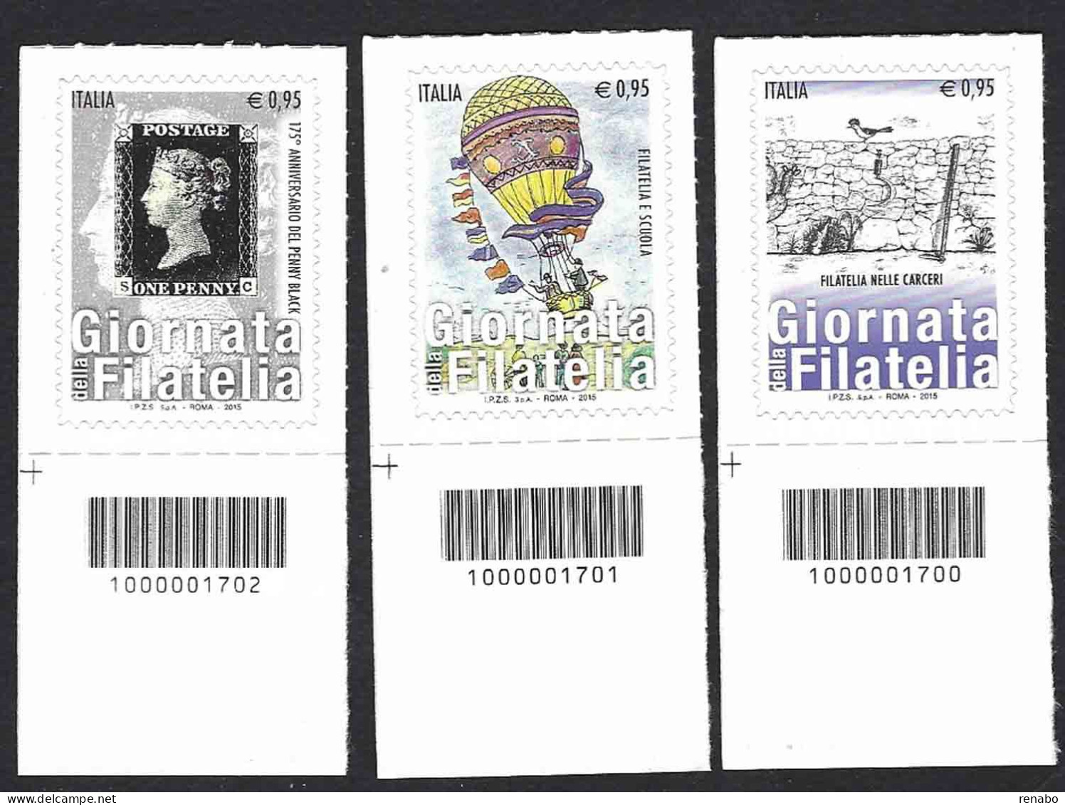 Italia 2015; Giornata Della Filatelia: Penny Black, Scuola , Carceri; Serie Completa A Barre. - Barcodes