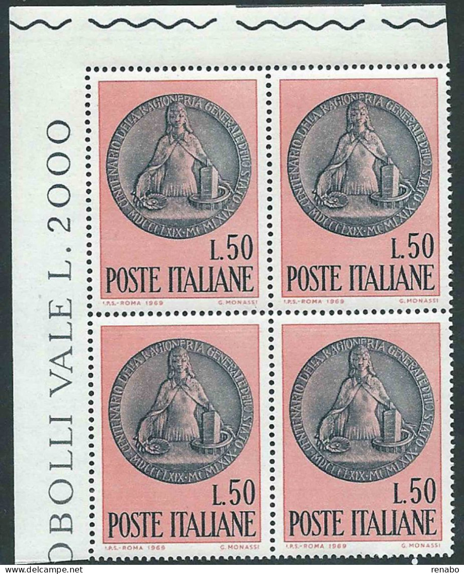 Italia 1969; 100° Ragioneria Generale Dello Stato Con Medaglione; Quartina D' Angolo Superiore. - 1961-70: Neufs