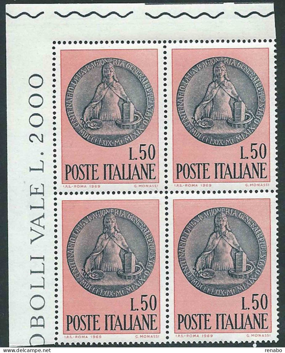 Italia 1969; 100° Ragioneria Generale Dello Stato Con Medaglione; Quartina D' Angolo Superiore. - 1961-70: Mint/hinged