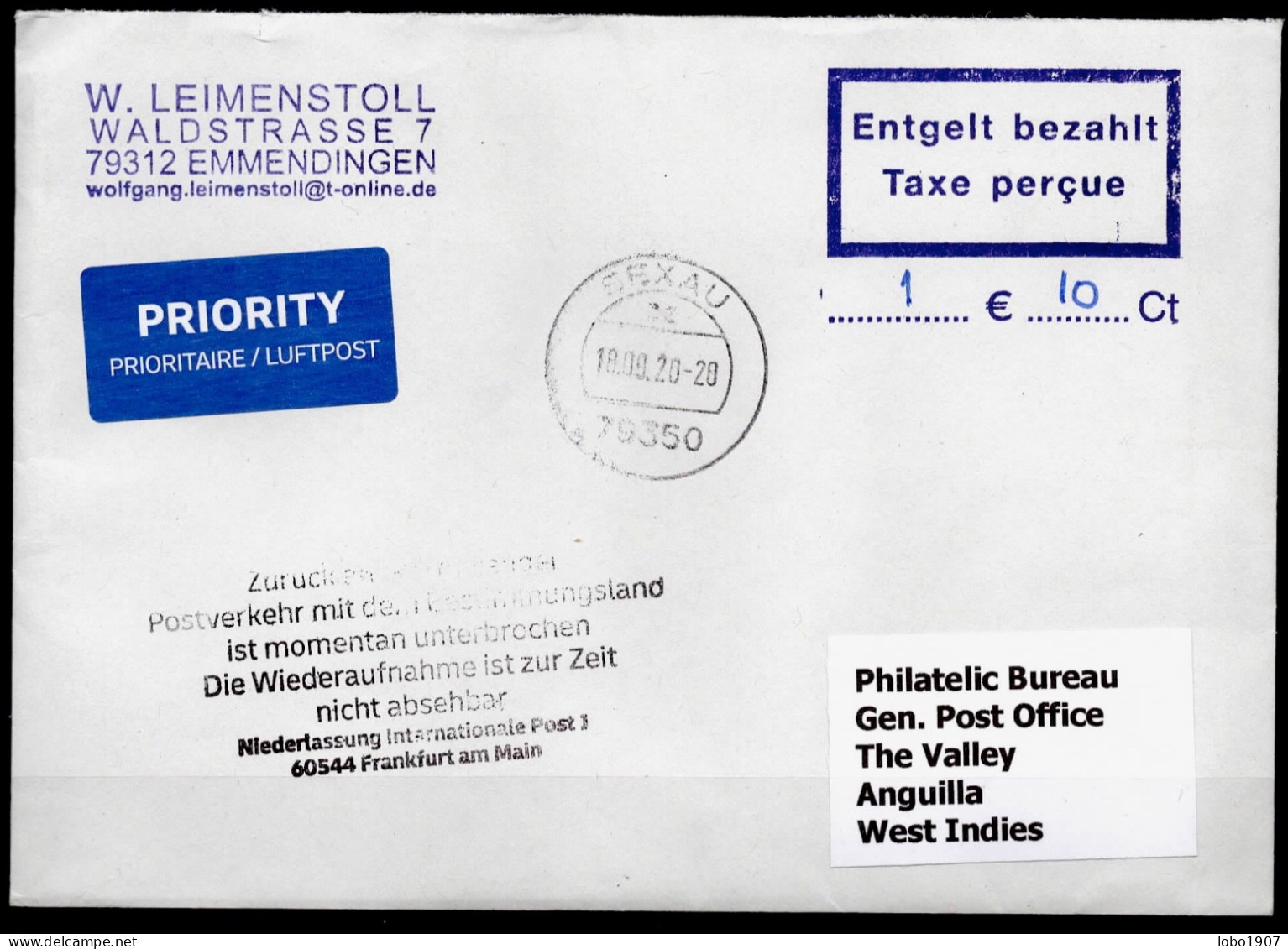 Corona Covid 19 Postal Service Interruption "Zurück An Den Absender... " Reply Coupon Paid Cover To ANGUILLA WEST INDIES - Anguilla (1968-...)